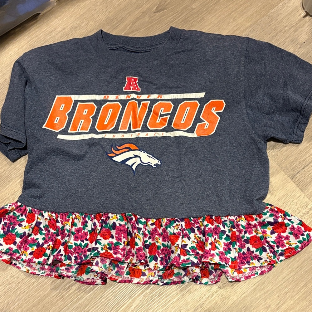 Vintage Gray and Orange Broncos Top with Floral Hem